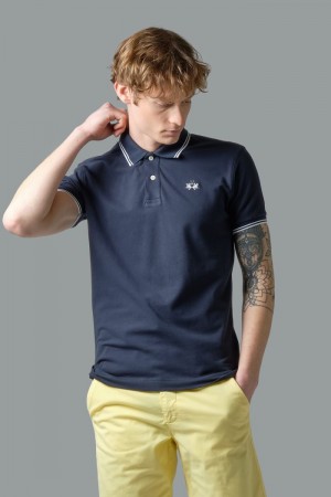 La Martina Slim-fit Stretch Piqué Polo Gömlek Erkek Lacivert | JZQ-5938